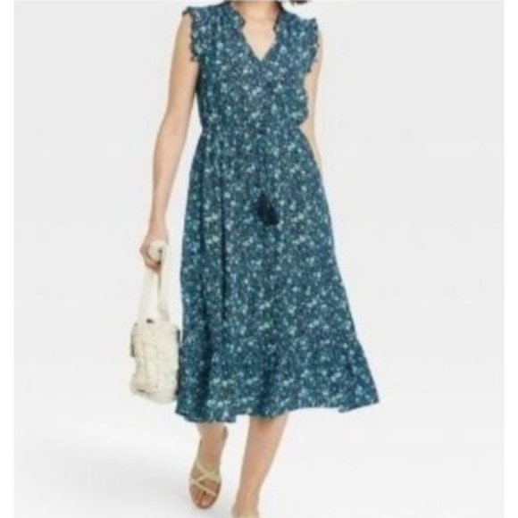 Knox Rose Dresses & Skirts - Knox Rose Blue Flower Print Midi Dress Ruffle Sleeve Cottage Core Boho